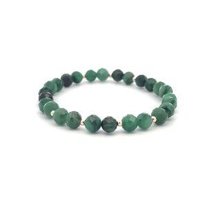 Emerald Micro Faceted  Gemstone Beaded Stretch Bracelet 14K Gold Accent Beads